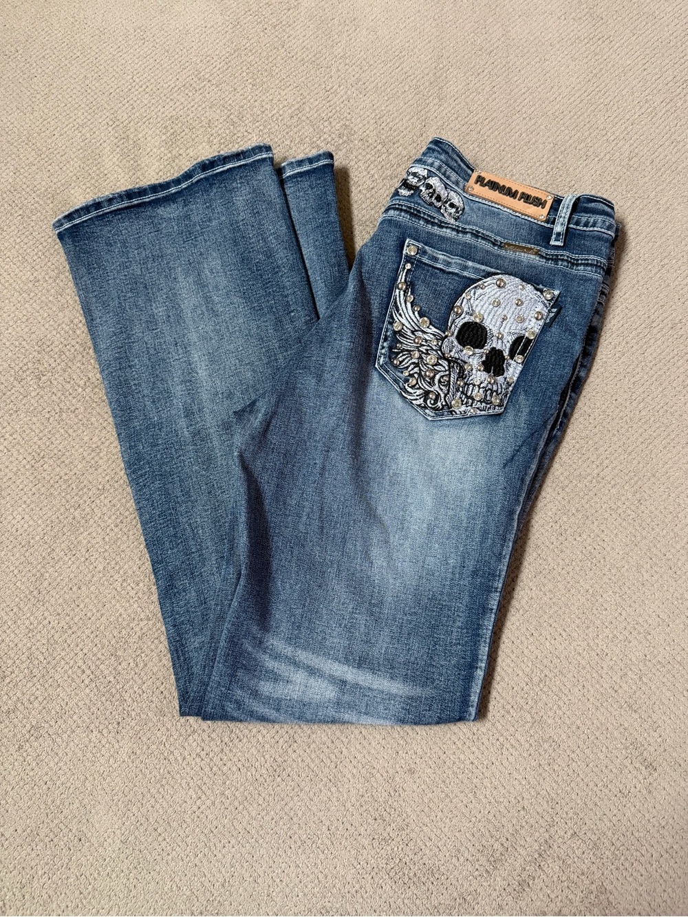 Platinum Plush Junior Size 13 Mid Rise Boot Cut Embellished Medium Wash Jeans